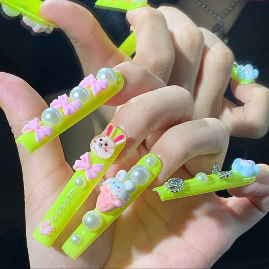 Kawaii Neon Yellow Bunny Ice Cream Press-On Nails 3D Charms&Pearl Accent Set Artificial reusable fake glue on faux manicure nails trendy art