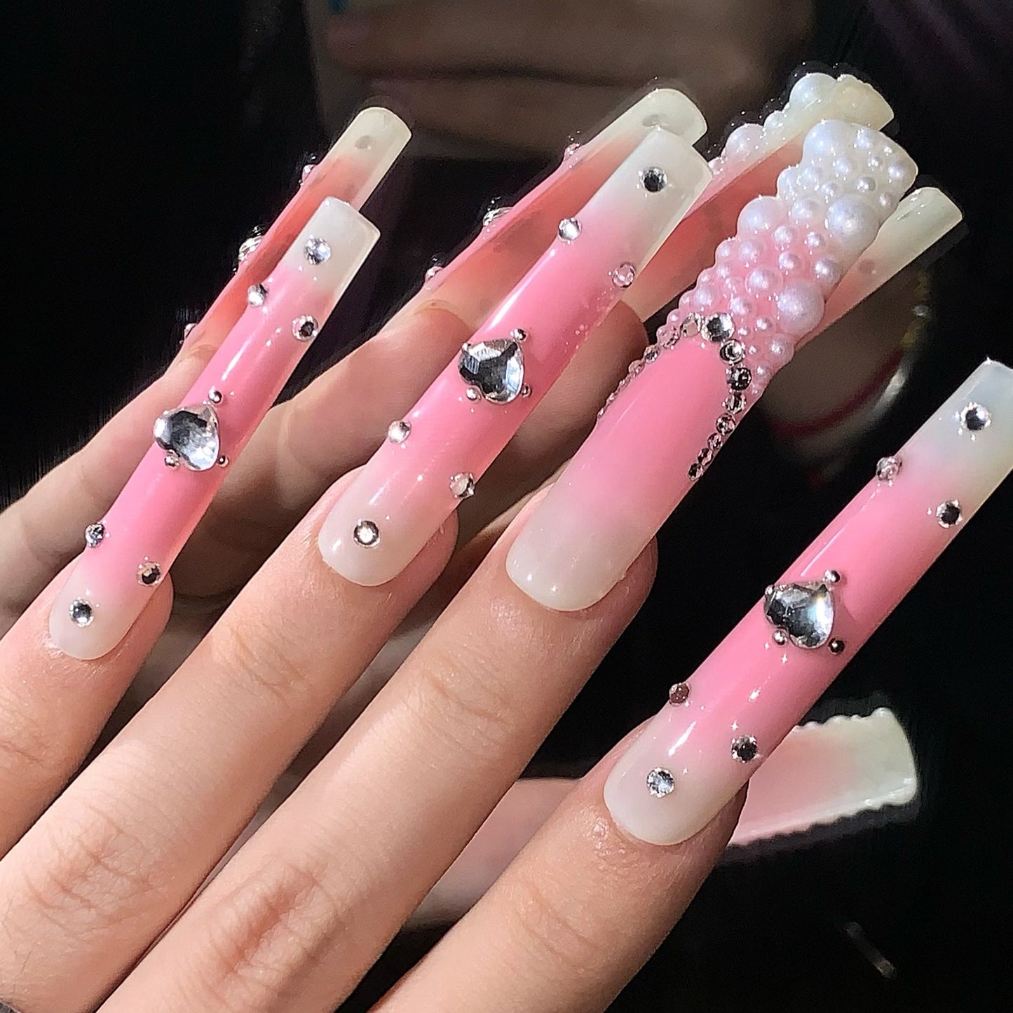 Pearl Princess Ombre Nails – Rhinestone & Bead Luxury Set glue on artificial faux nails