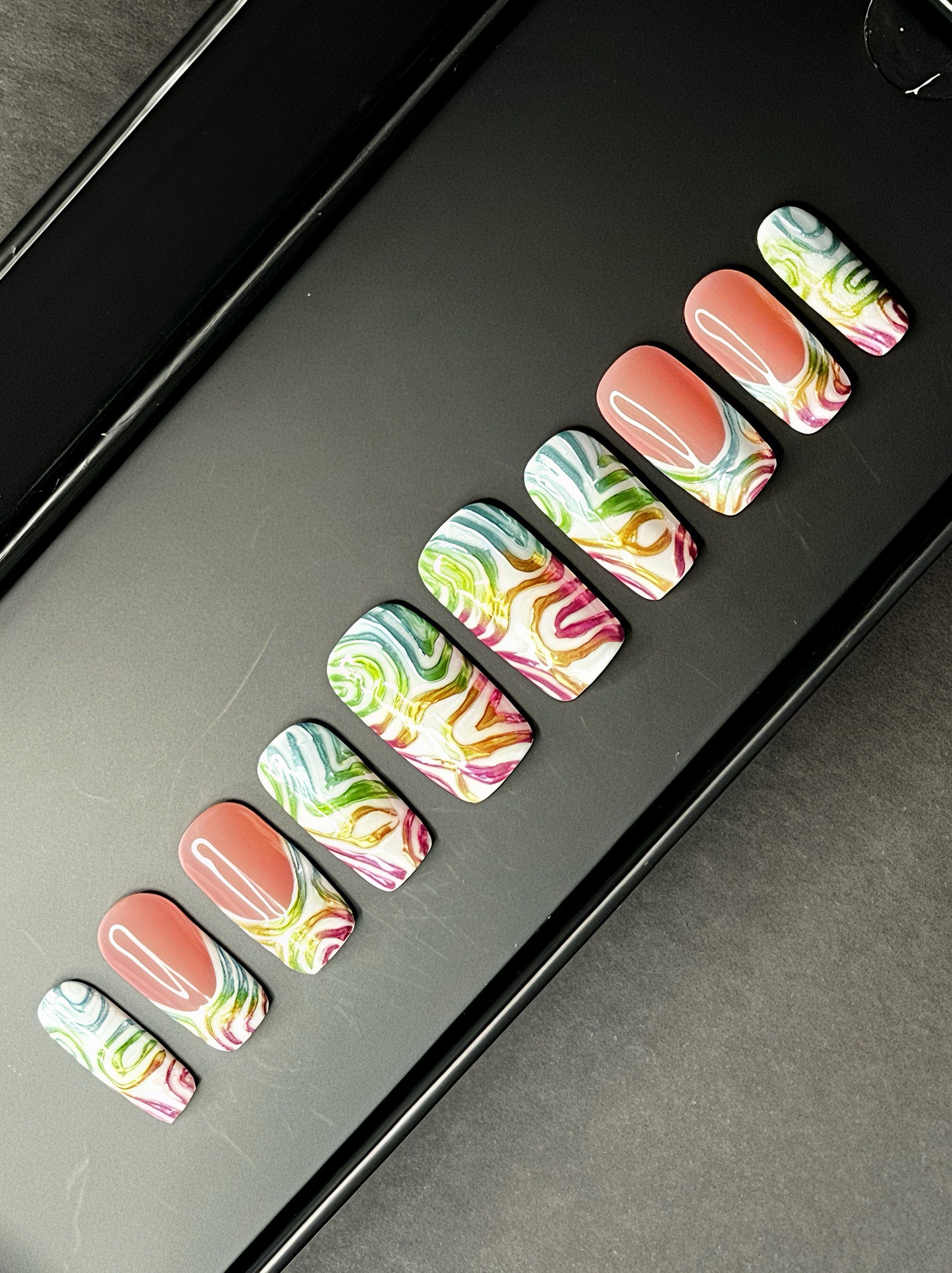 Pink & Brown Press On Nails – 3D Flowers with Gold Charms, Bows & Roses | Handmade Square Luxury Reusable Nail Set | Romantic Glam