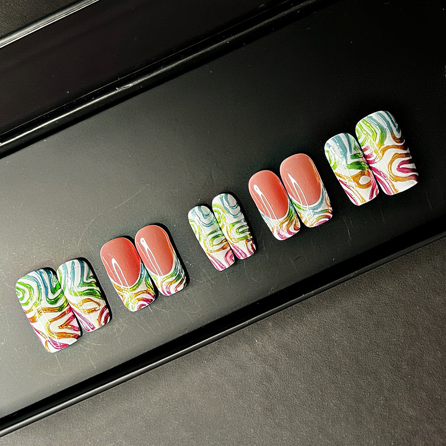 Pink & Brown Press On Nails – 3D Flowers with Gold Charms, Bows & Roses | Handmade Square Luxury Reusable Nail Set | Romantic Glam