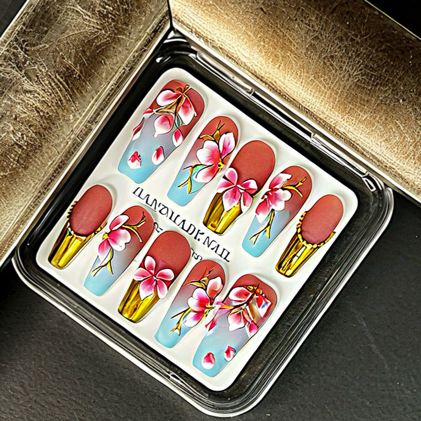Handmade Pink Cherry Blossom Press On Nails – Blue Ombre with Gold Accents | Floral 3D Spring Summer Coffin Nails | Luxury Reusable Set