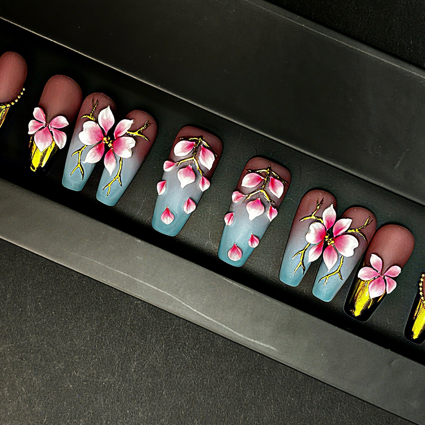 Handmade Pink Cherry Blossom Press On Nails – Blue Ombre with Gold Accents | Floral 3D Spring Summer Coffin Nails | Luxury Reusable Set