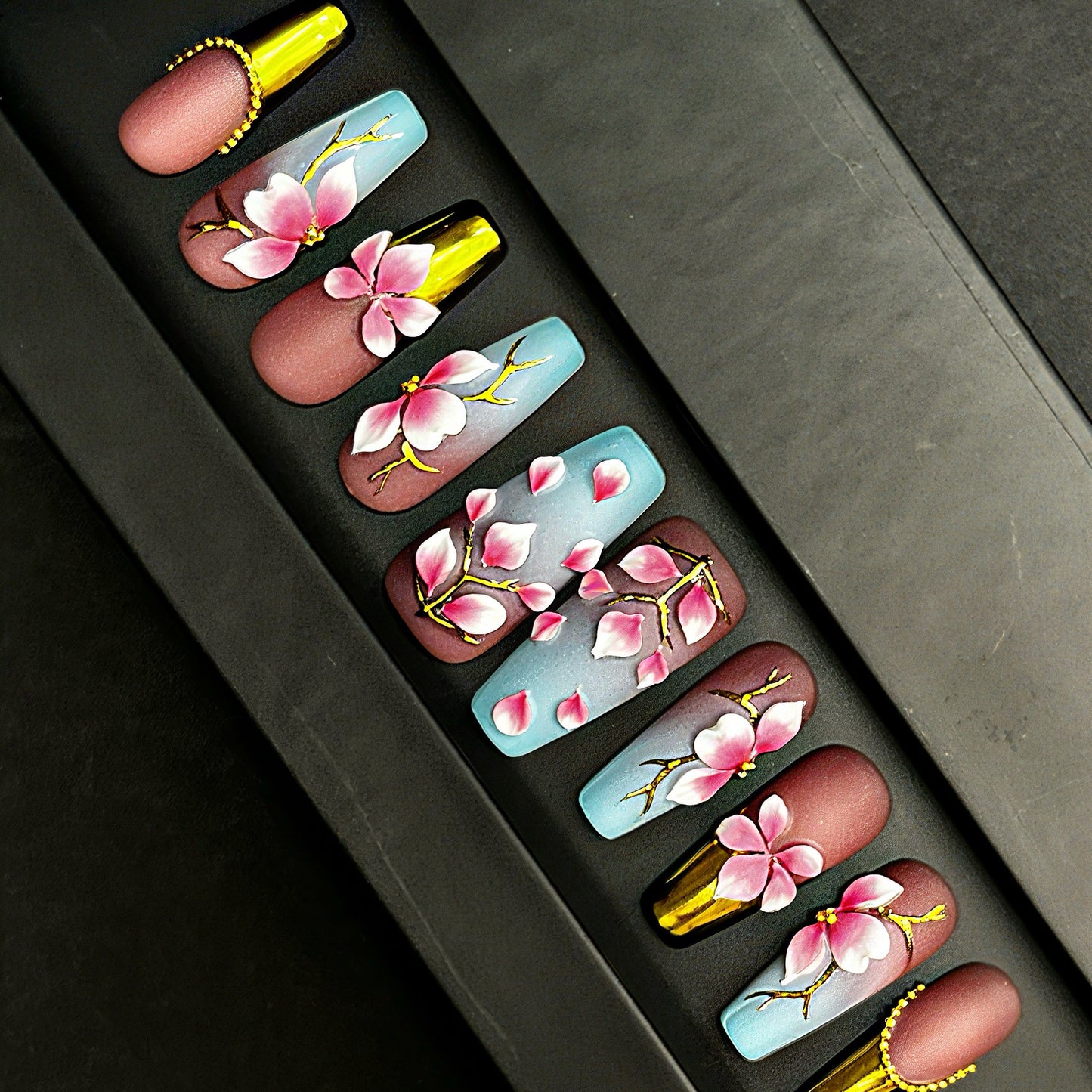 Handmade Pink Cherry Blossom Press On Nails – Blue Ombre with Gold Accents | Floral 3D Spring Summer Coffin Nails | Luxury Reusable Set