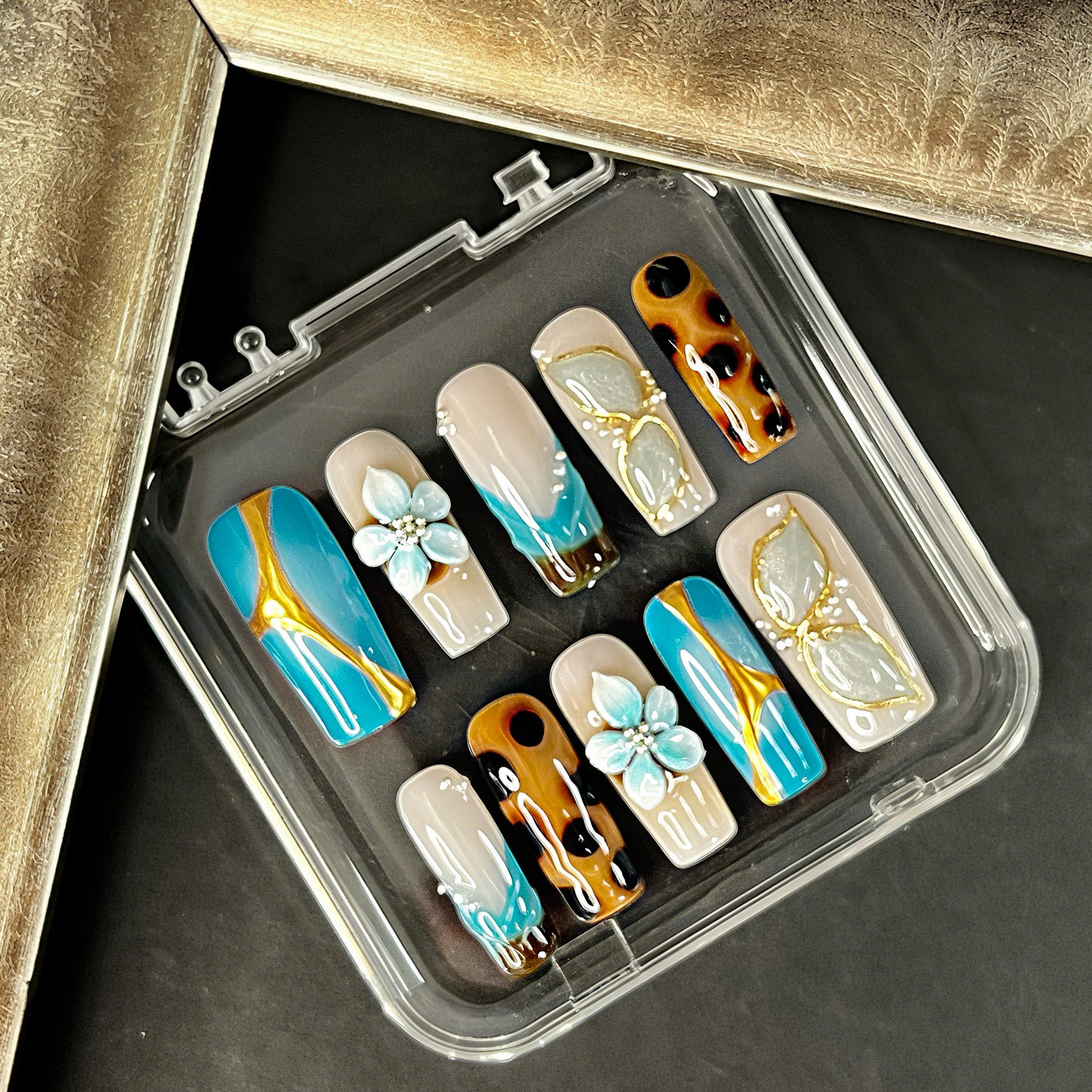 Blue & Gold Floral 3D Press On Nails – Handmade Long Square with Tortoise Shell & Ombre Tips, Luxury Matte Gloss Finish