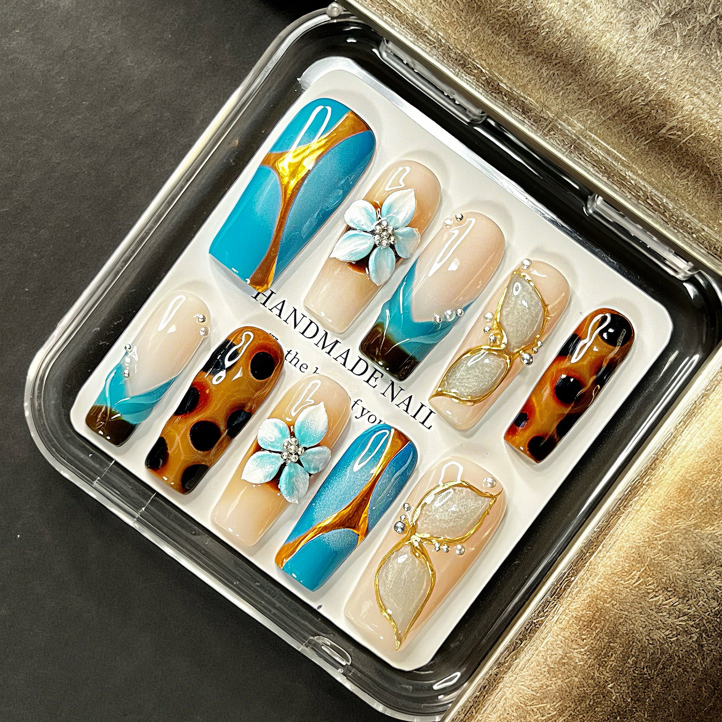Blue & Gold Floral 3D Press On Nails – Handmade Long Square with Tortoise Shell & Ombre Tips, Luxury Matte Gloss Finish