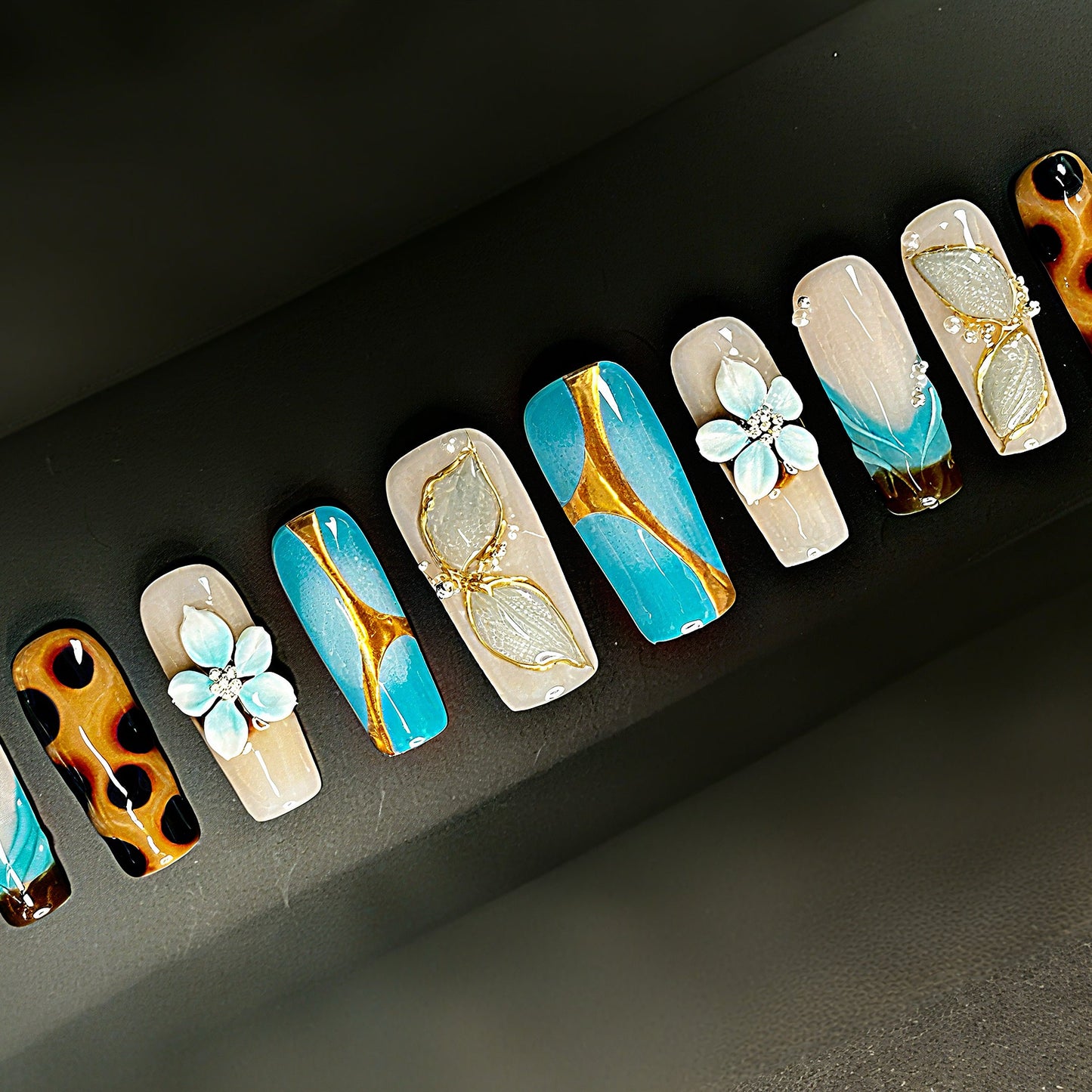 Blue & Gold Floral 3D Press On Nails – Handmade Long Square with Tortoise Shell & Ombre Tips, Luxury Matte Gloss Finish