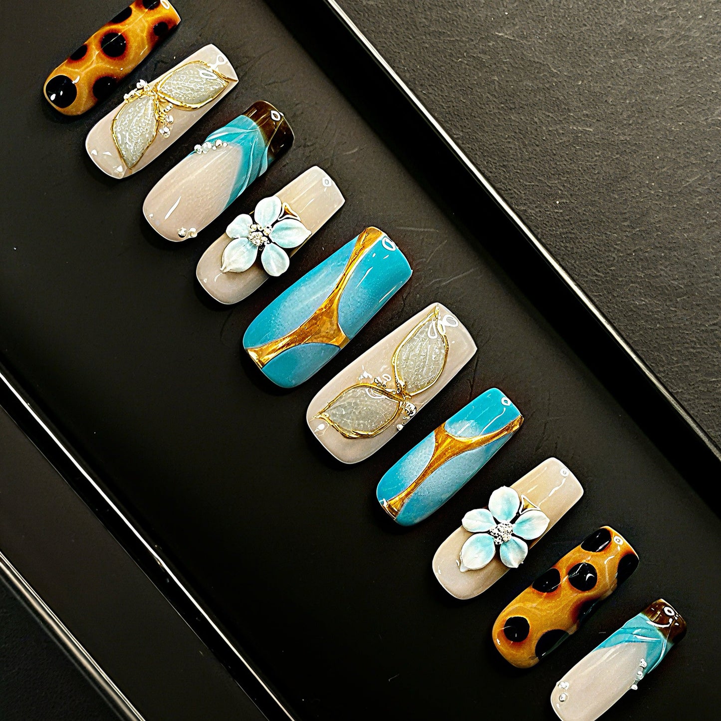 Blue & Gold Floral 3D Press On Nails – Handmade Long Square with Tortoise Shell & Ombre Tips, Luxury Matte Gloss Finish