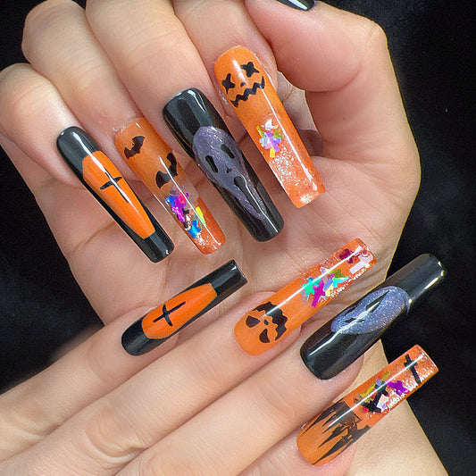 Halloween Press On Nails – Black & Orange Coffin Nails with Pumpkins, Ghosts, Bats & Witch Hat | Handmade Spooky Reusable Nail Set