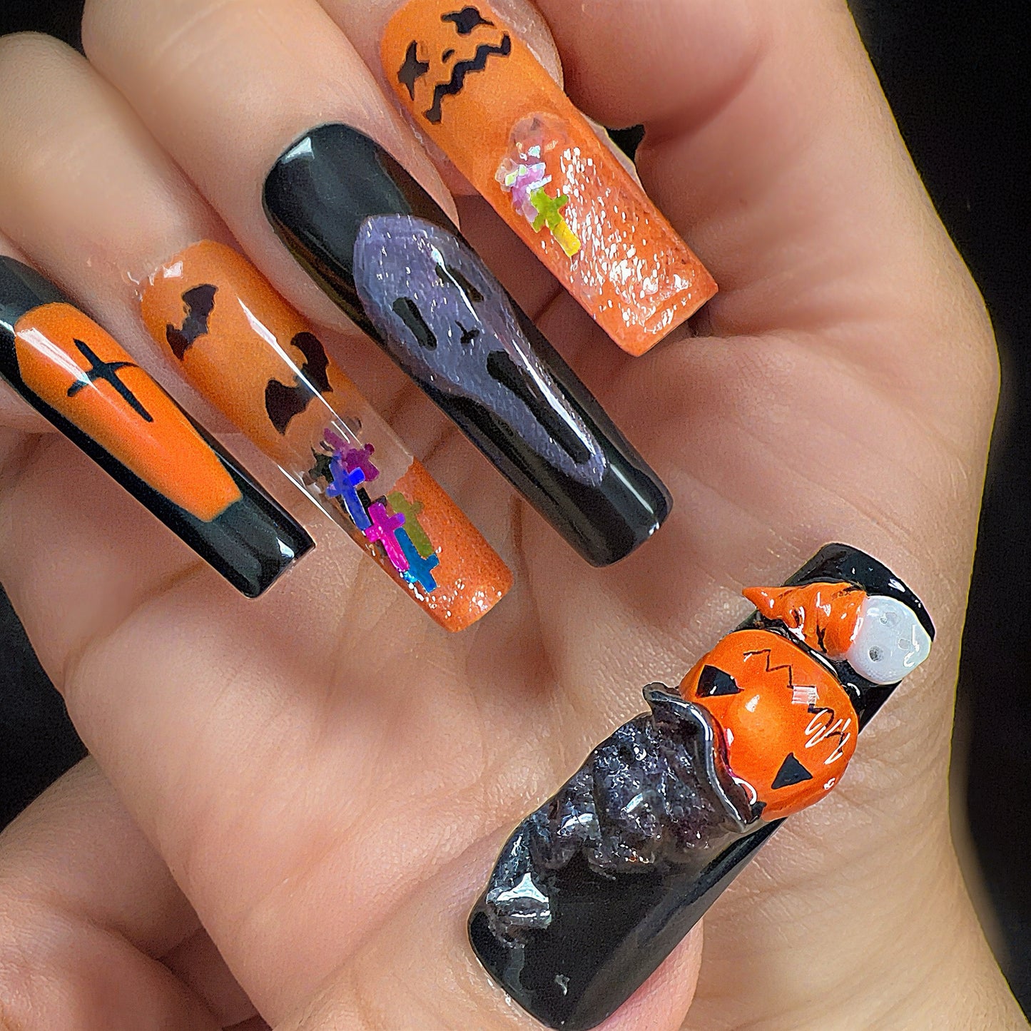 Halloween Press On Nails – Black & Orange Coffin Nails with Pumpkins, Ghosts, Bats & Witch Hat | Handmade Spooky Reusable Nail Set