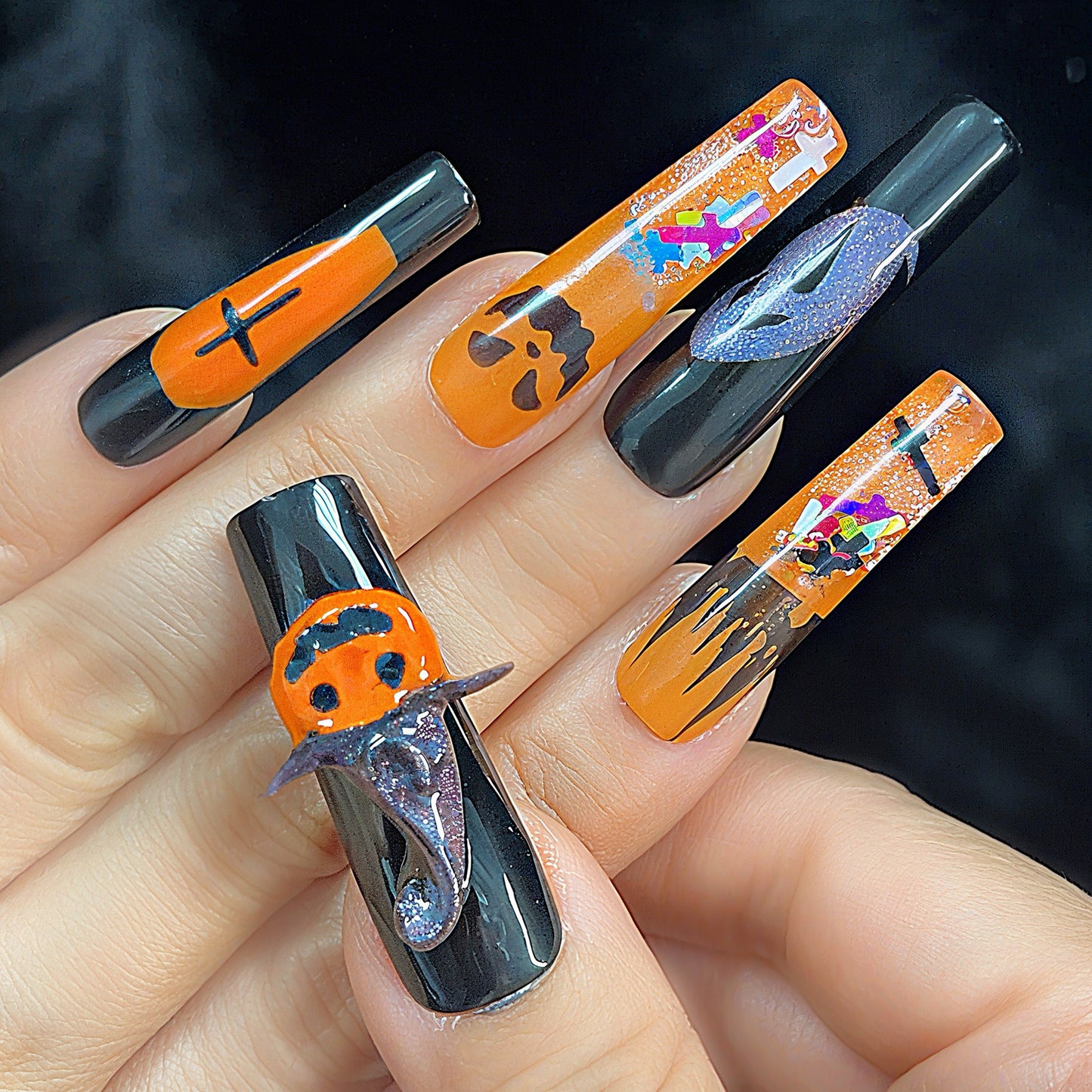 Halloween Press On Nails – Black & Orange Coffin Nails with Pumpkins, Ghosts, Bats & Witch Hat | Handmade Spooky Reusable Nail Set