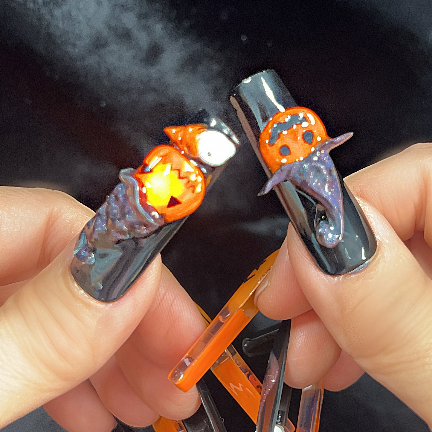 Halloween Press On Nails – Black & Orange Coffin Nails with Pumpkins, Ghosts, Bats & Witch Hat | Handmade Spooky Reusable Nail Set