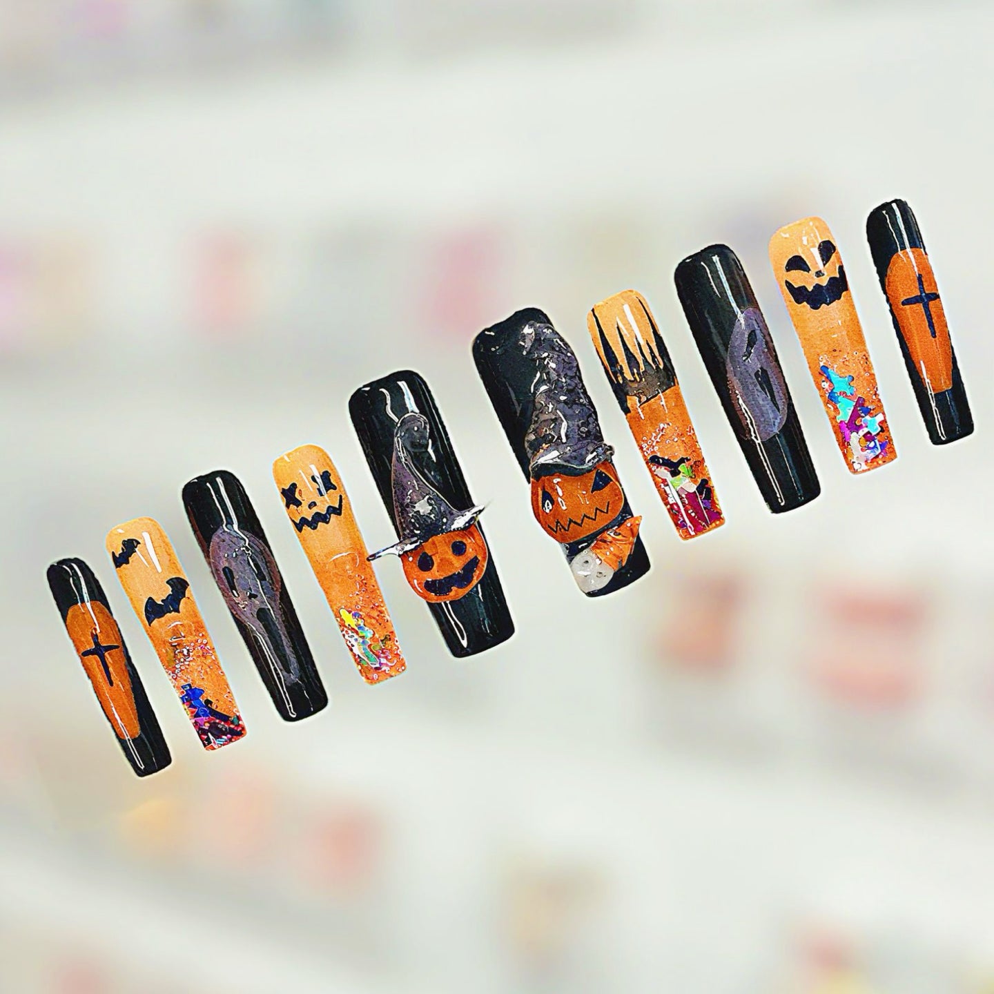 Halloween Press On Nails – Black & Orange Coffin Nails with Pumpkins, Ghosts, Bats & Witch Hat | Handmade Spooky Reusable Nail Set