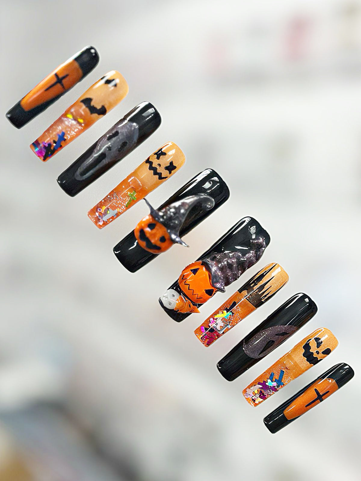 Halloween Press On Nails – Black & Orange Coffin Nails with Pumpkins, Ghosts, Bats & Witch Hat | Handmade Spooky Reusable Nail Set
