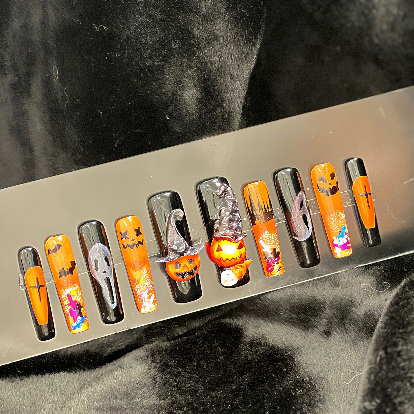 Halloween Press On Nails – Black & Orange Coffin Nails with Pumpkins, Ghosts, Bats & Witch Hat | Handmade Spooky Reusable Nail Set