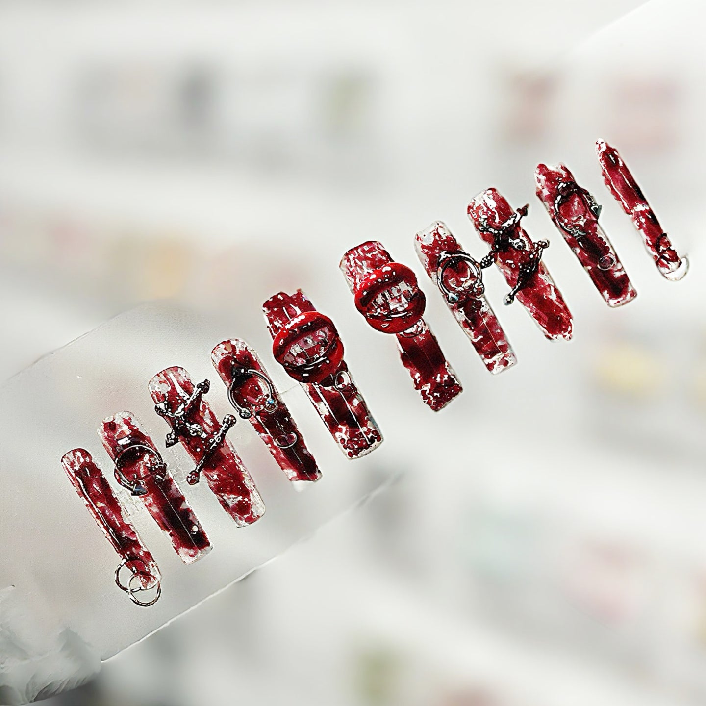 Gothic Red & White Press On Nails – Marble with Piercings, Rings & 3D Accents | Handmade Extra Long Coffin Alternative Reusable Nail Set