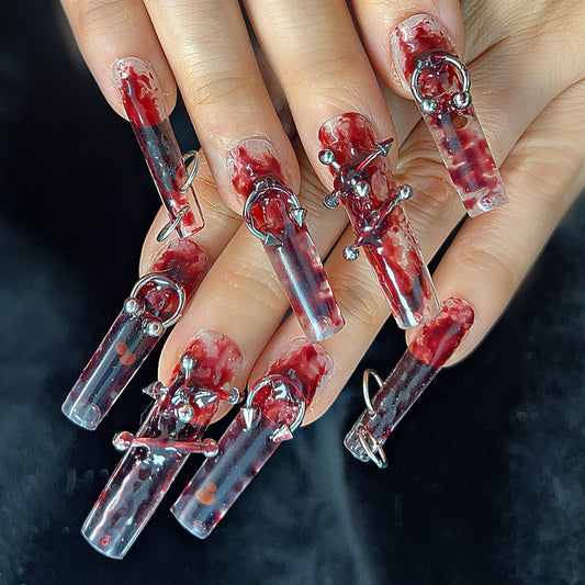 Gothic Red & White Press On Nails – Marble with Piercings, Rings & 3D Accents | Handmade Extra Long Coffin Alternative Reusable Nail Set