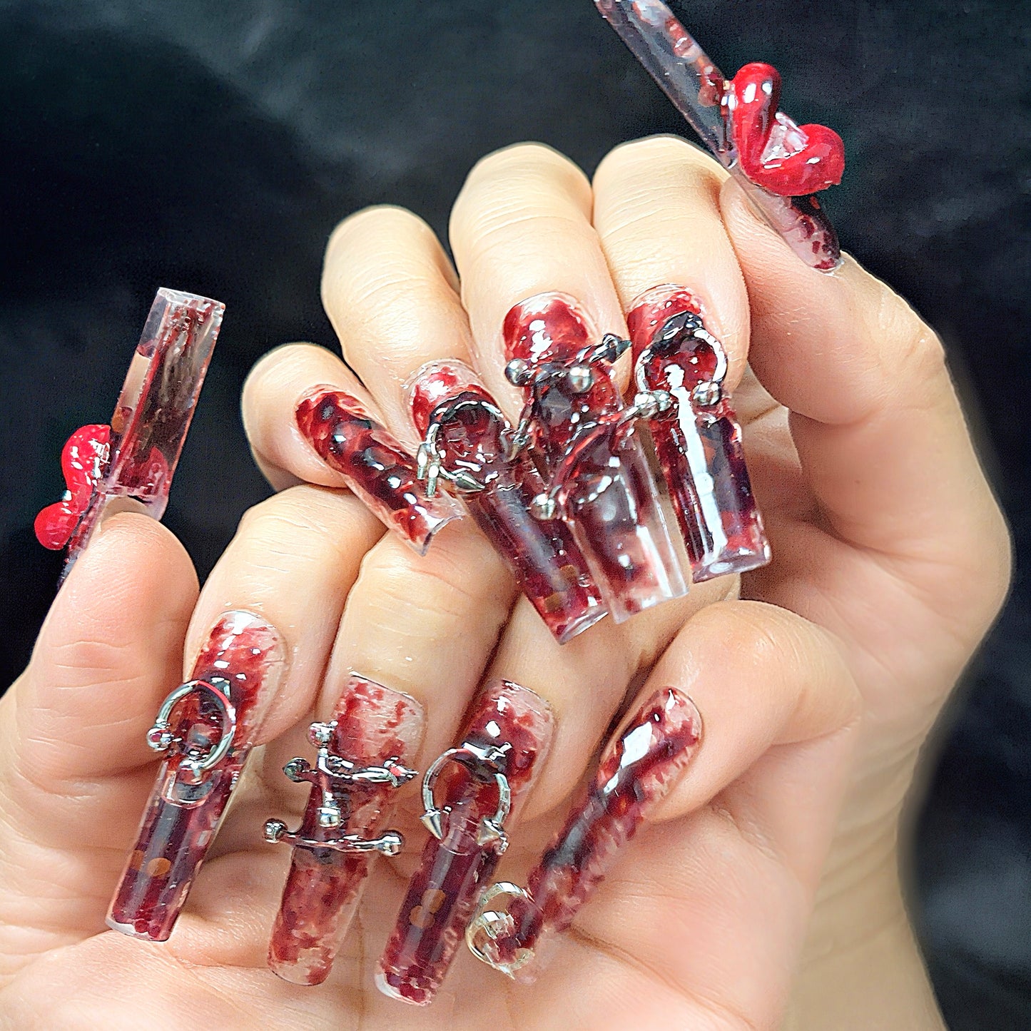 Gothic Red & White Press On Nails – Marble with Piercings, Rings & 3D Accents | Handmade Extra Long Coffin Alternative Reusable Nail Set