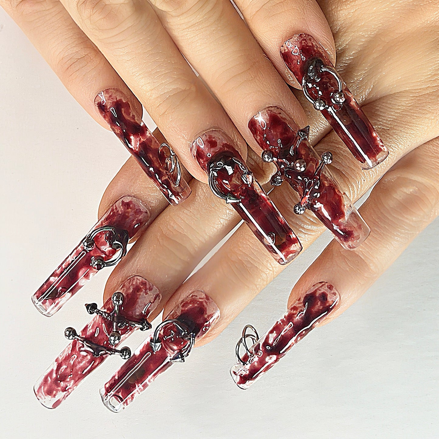 Gothic Red & White Press On Nails – Marble with Piercings, Rings & 3D Accents | Handmade Extra Long Coffin Alternative Reusable Nail Set