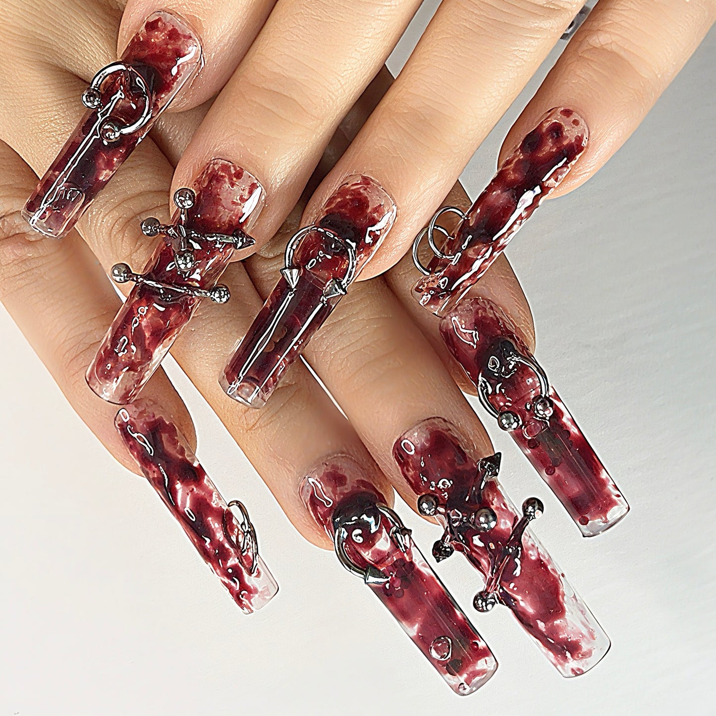 Gothic Red & White Press On Nails – Marble with Piercings, Rings & 3D Accents | Handmade Extra Long Coffin Alternative Reusable Nail Set