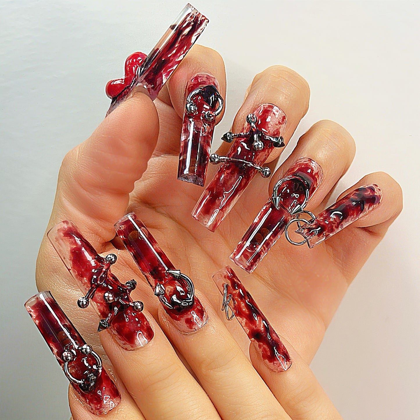 Gothic Red & White Press On Nails – Marble with Piercings, Rings & 3D Accents | Handmade Extra Long Coffin Alternative Reusable Nail Set