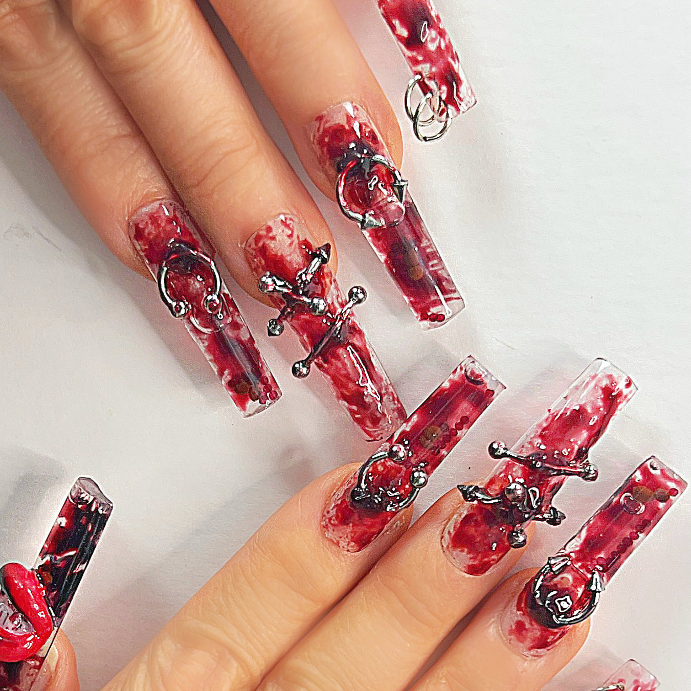 Gothic Red & White Press On Nails – Marble with Piercings, Rings & 3D Accents | Handmade Extra Long Coffin Alternative Reusable Nail Set