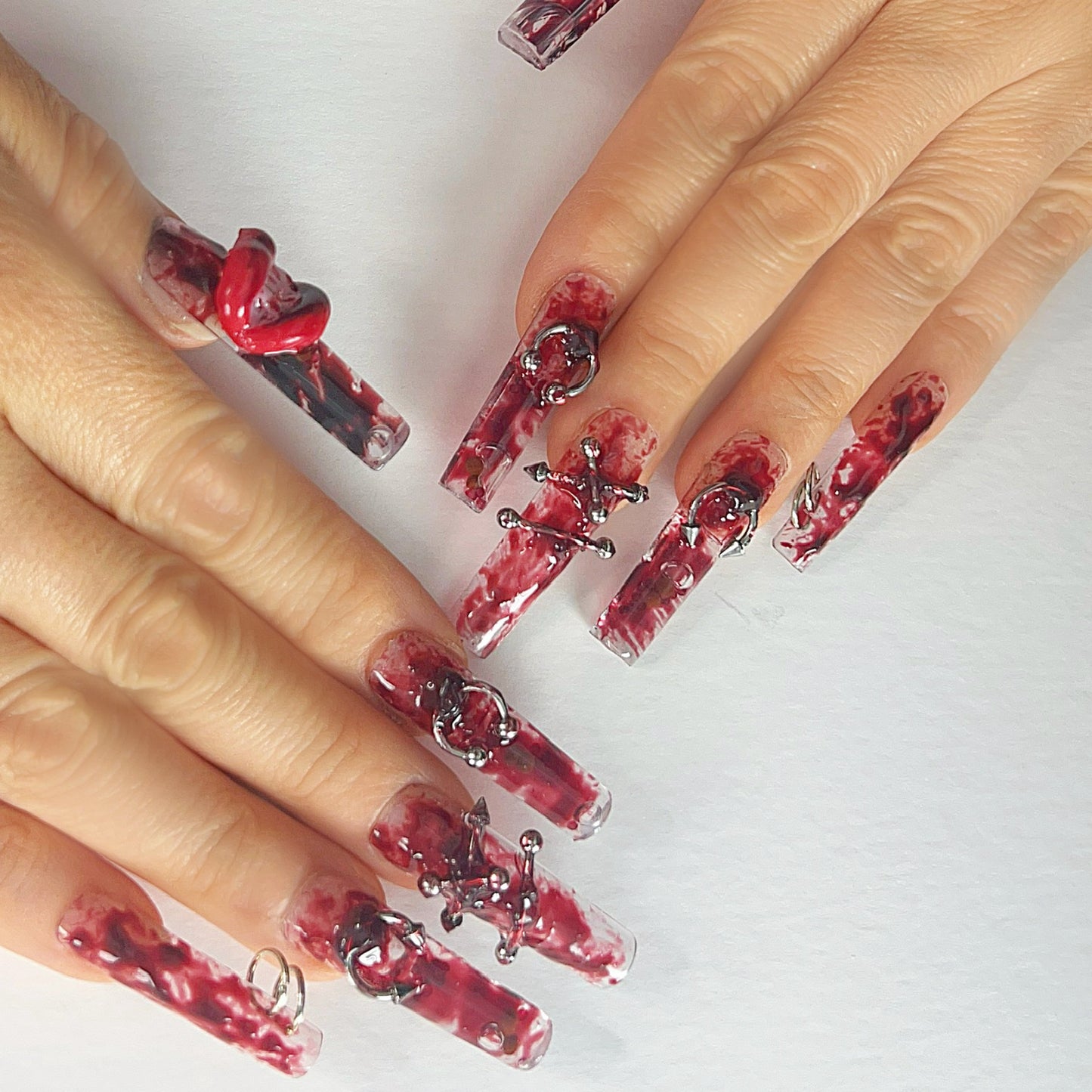 Gothic Red & White Press On Nails – Marble with Piercings, Rings & 3D Accents | Handmade Extra Long Coffin Alternative Reusable Nail Set