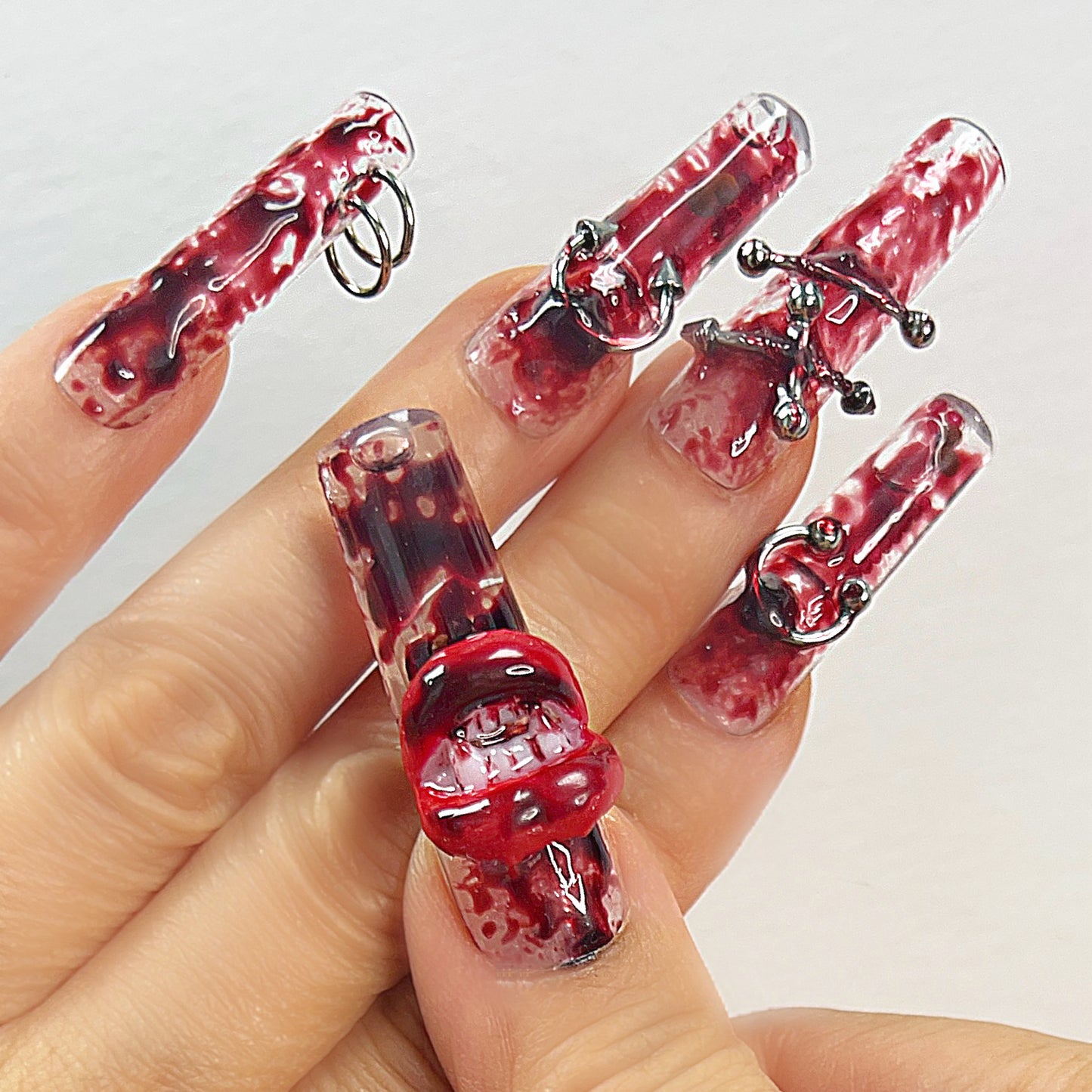 Gothic Red & White Press On Nails – Marble with Piercings, Rings & 3D Accents | Handmade Extra Long Coffin Alternative Reusable Nail Set