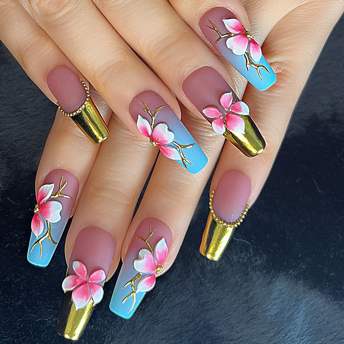 Handmade Pink Cherry Blossom Press On Nails – Blue Ombre with Gold Accents | Floral 3D Spring Summer Coffin Nails | Luxury Reusable Set