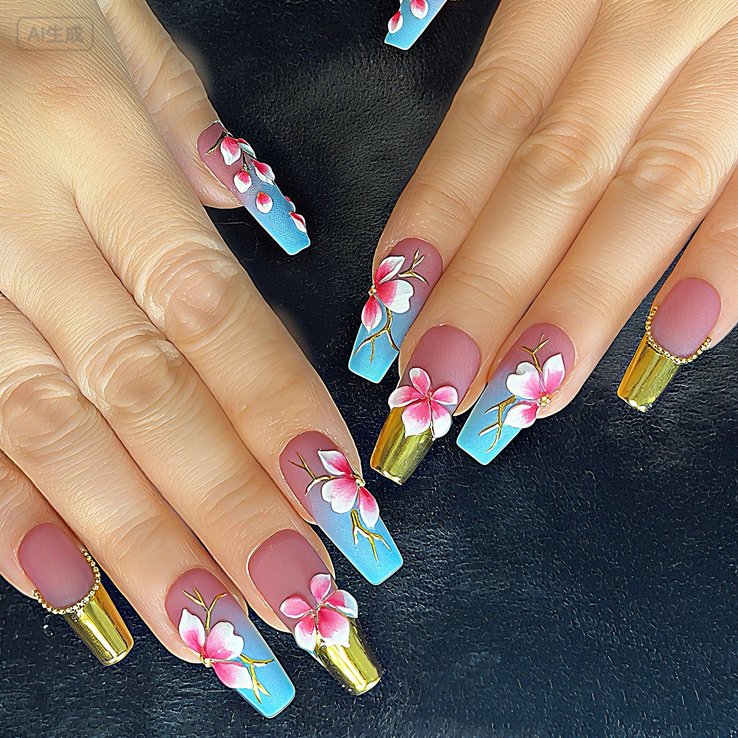 Handmade Pink Cherry Blossom Press On Nails – Blue Ombre with Gold Accents | Floral 3D Spring Summer Coffin Nails | Luxury Reusable Set
