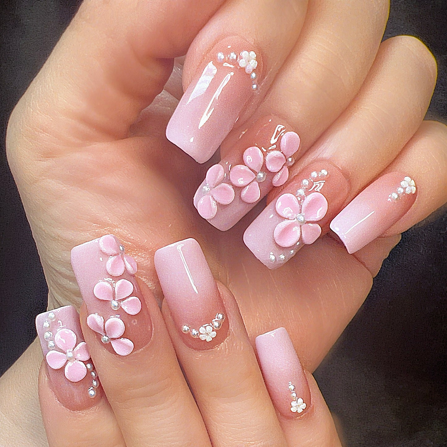 Elegant Pink Ombre Press On Nails with 3D Blossoms and Pearls – Handmade Floral False Nails for Special Occasions or Everyday Beauty