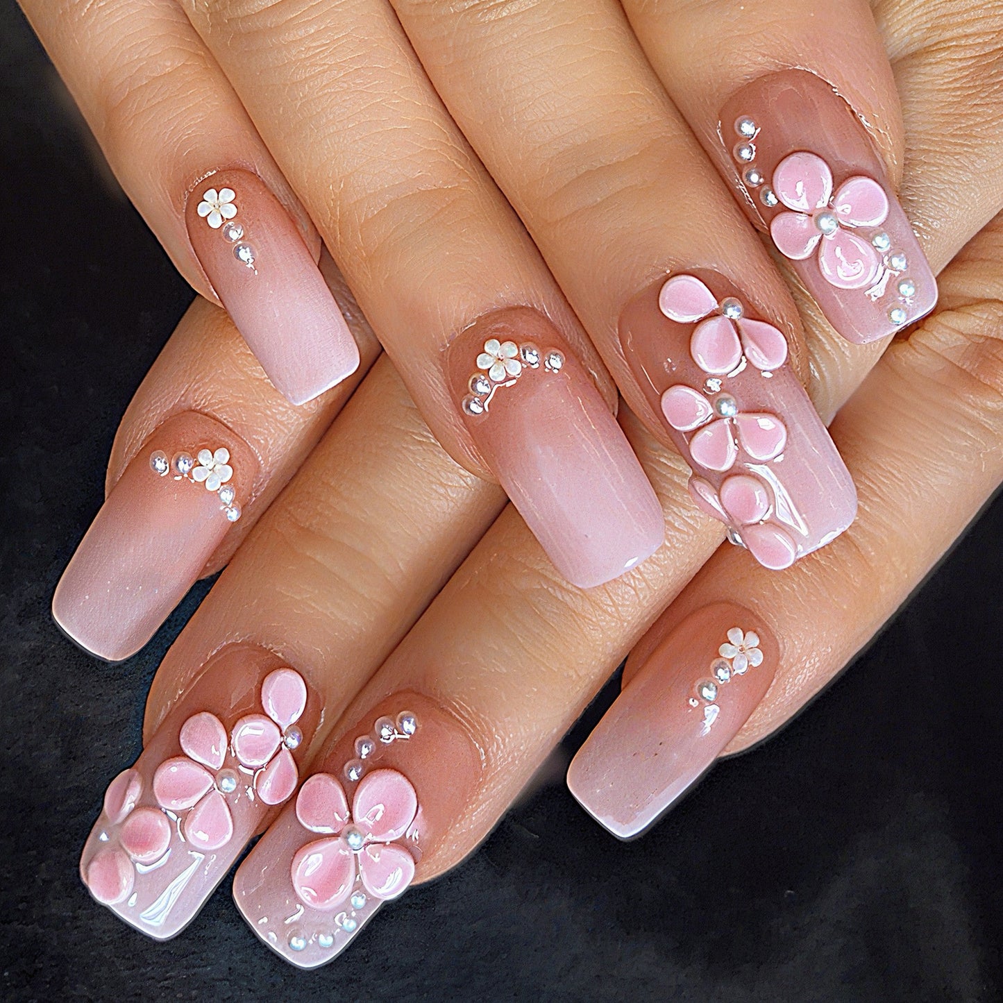 Elegant Pink Ombre Press On Nails with 3D Blossoms and Pearls – Handmade Floral False Nails for Special Occasions or Everyday Beauty