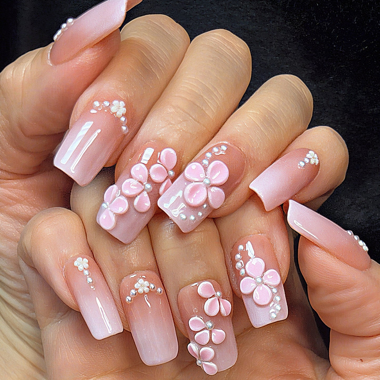 Elegant Pink Ombre Press On Nails with 3D Blossoms and Pearls – Handmade Floral False Nails for Special Occasions or Everyday Beauty