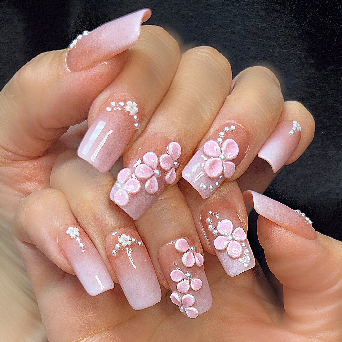 Elegant Pink Ombre Press On Nails with 3D Blossoms and Pearls – Handmade Floral False Nails for Special Occasions or Everyday Beauty