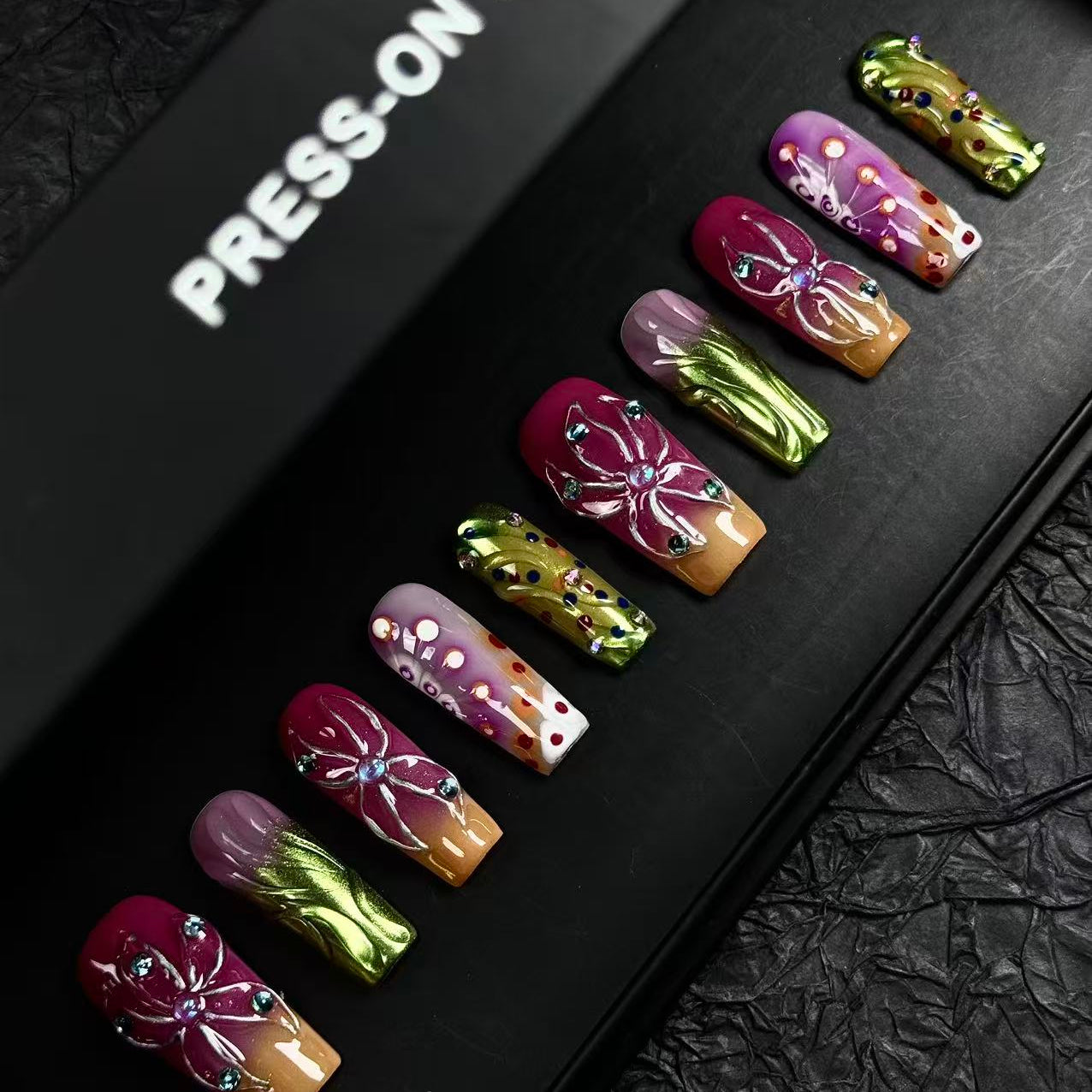 Handmade Neon Floral Press On Nails – Pink Orange Ombre with Rhinestones | Festival Party Nails | Colorful 3D Summer Coffin Set