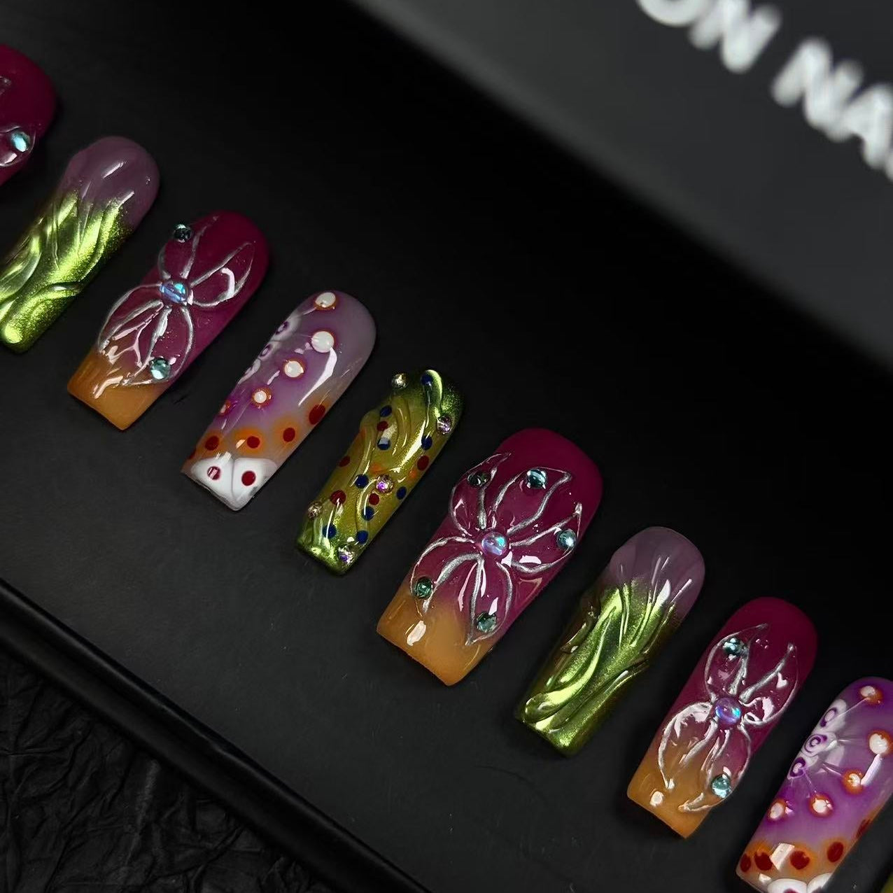 Handmade Neon Floral Press On Nails – Pink Orange Ombre with Rhinestones | Festival Party Nails | Colorful 3D Summer Coffin Set