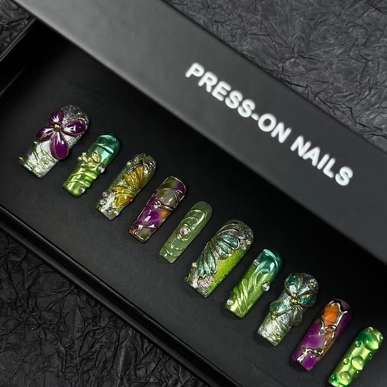 Bold Green & Floral Press On Nails – 3D Butterfly, Flowers & Abstract Art | Handmade Extra Long Luxury Reusable Festival Nail Set