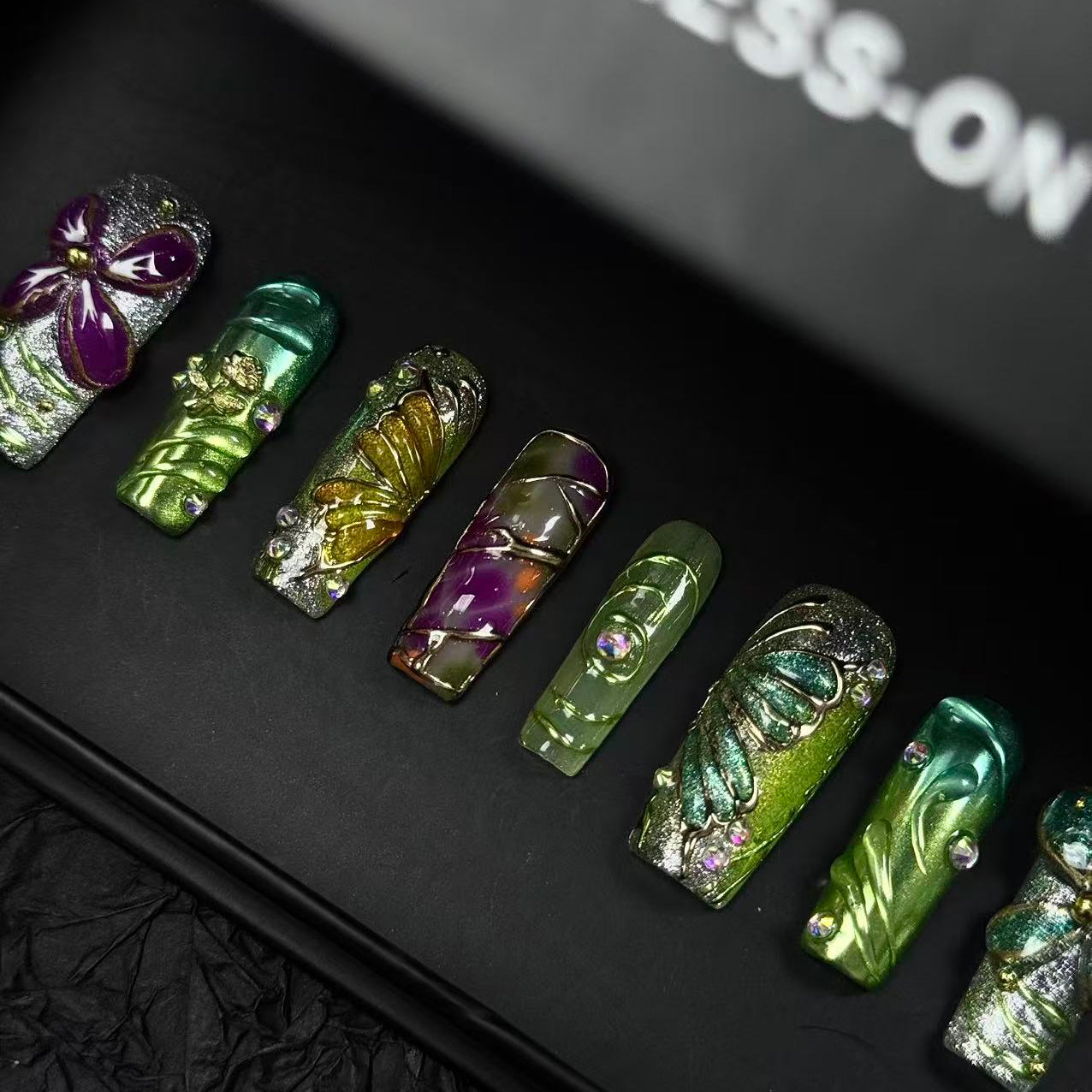 Bold Green & Floral Press On Nails – 3D Butterfly, Flowers & Abstract Art | Handmade Extra Long Luxury Reusable Festival Nail Set
