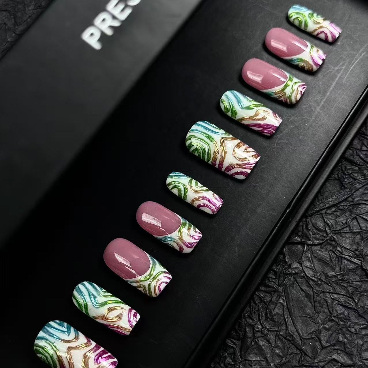 Pink & Brown Press On Nails – 3D Flowers with Gold Charms, Bows & Roses | Handmade Square Luxury Reusable Nail Set | Romantic Glam