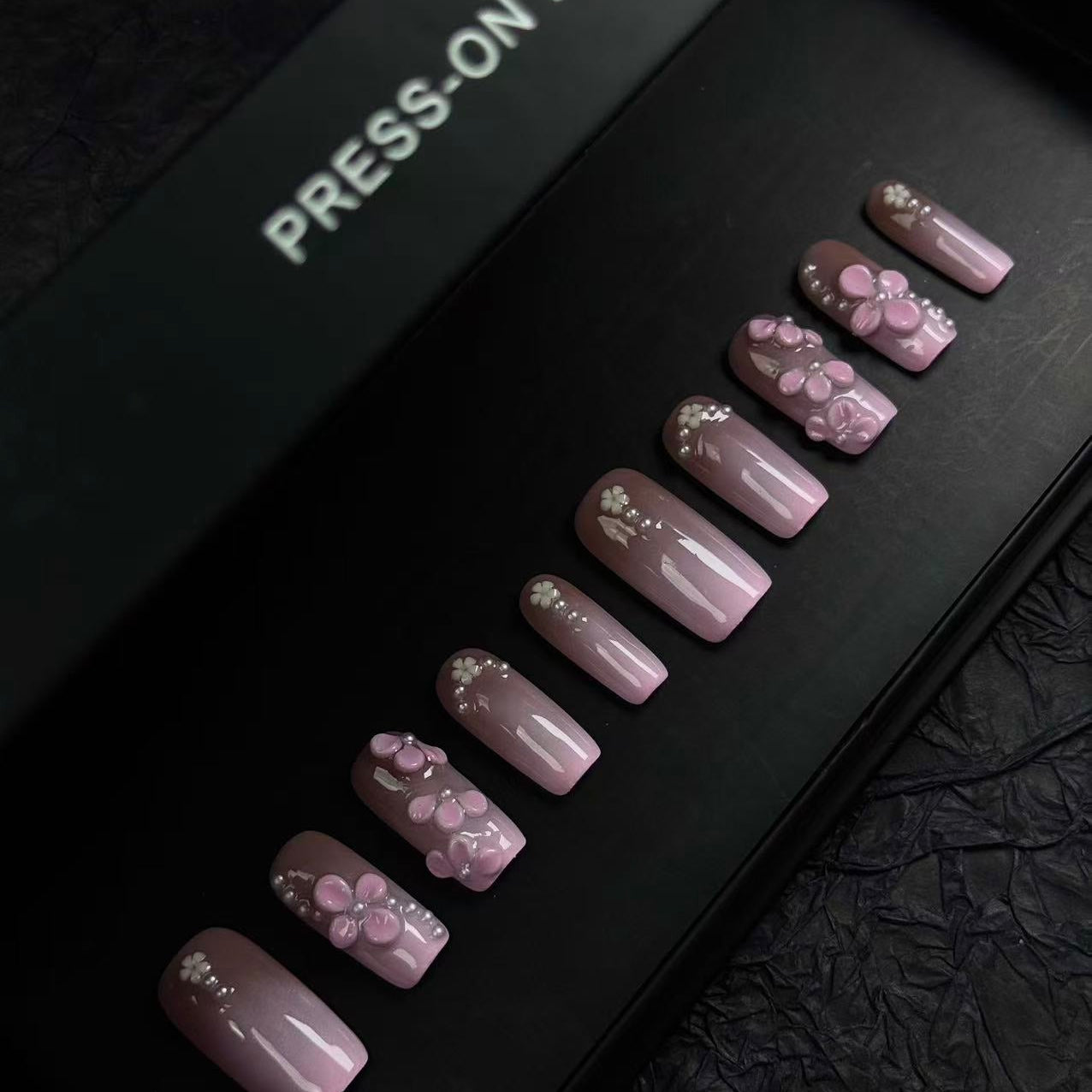 Elegant Pink Ombre Press On Nails with 3D Blossoms and Pearls – Handmade Floral False Nails for Special Occasions or Everyday Beauty