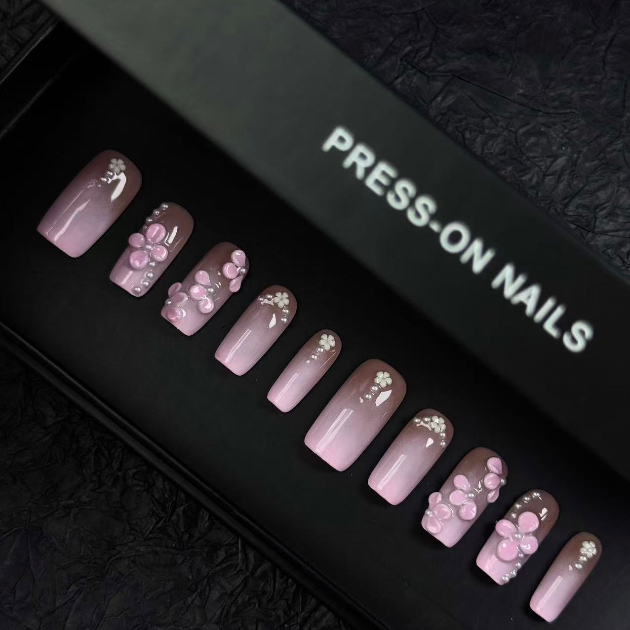 Elegant Pink Ombre Press On Nails with 3D Blossoms and Pearls – Handmade Floral False Nails for Special Occasions or Everyday Beauty