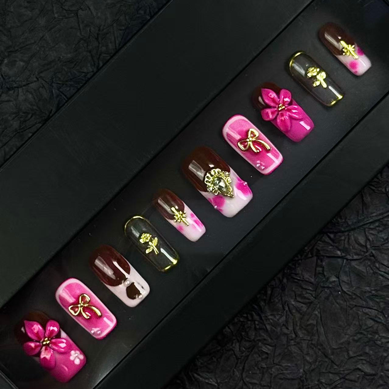 Pink & Brown Press On Nails – 3D Flowers with Gold Charms, Bows & Roses | Handmade Square Luxury Reusable Nail Set | Romantic Glam