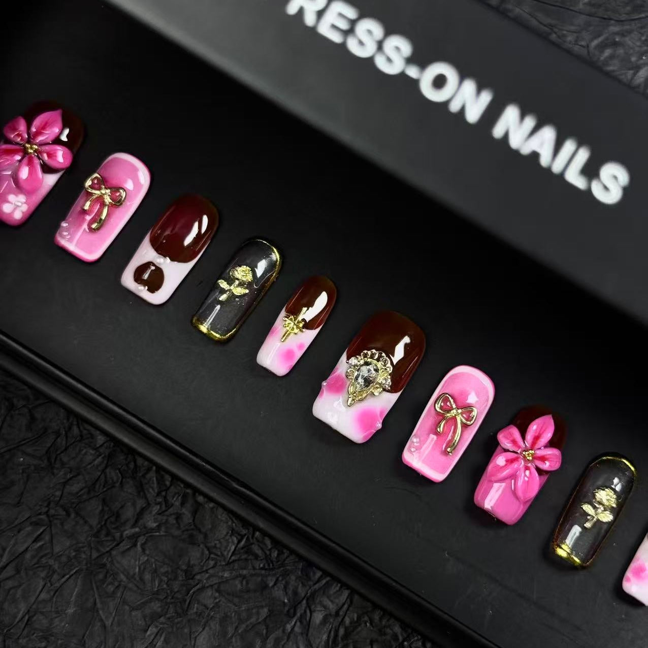 Pink & Brown Press On Nails – 3D Flowers with Gold Charms, Bows & Roses | Handmade Square Luxury Reusable Nail Set | Romantic Glam
