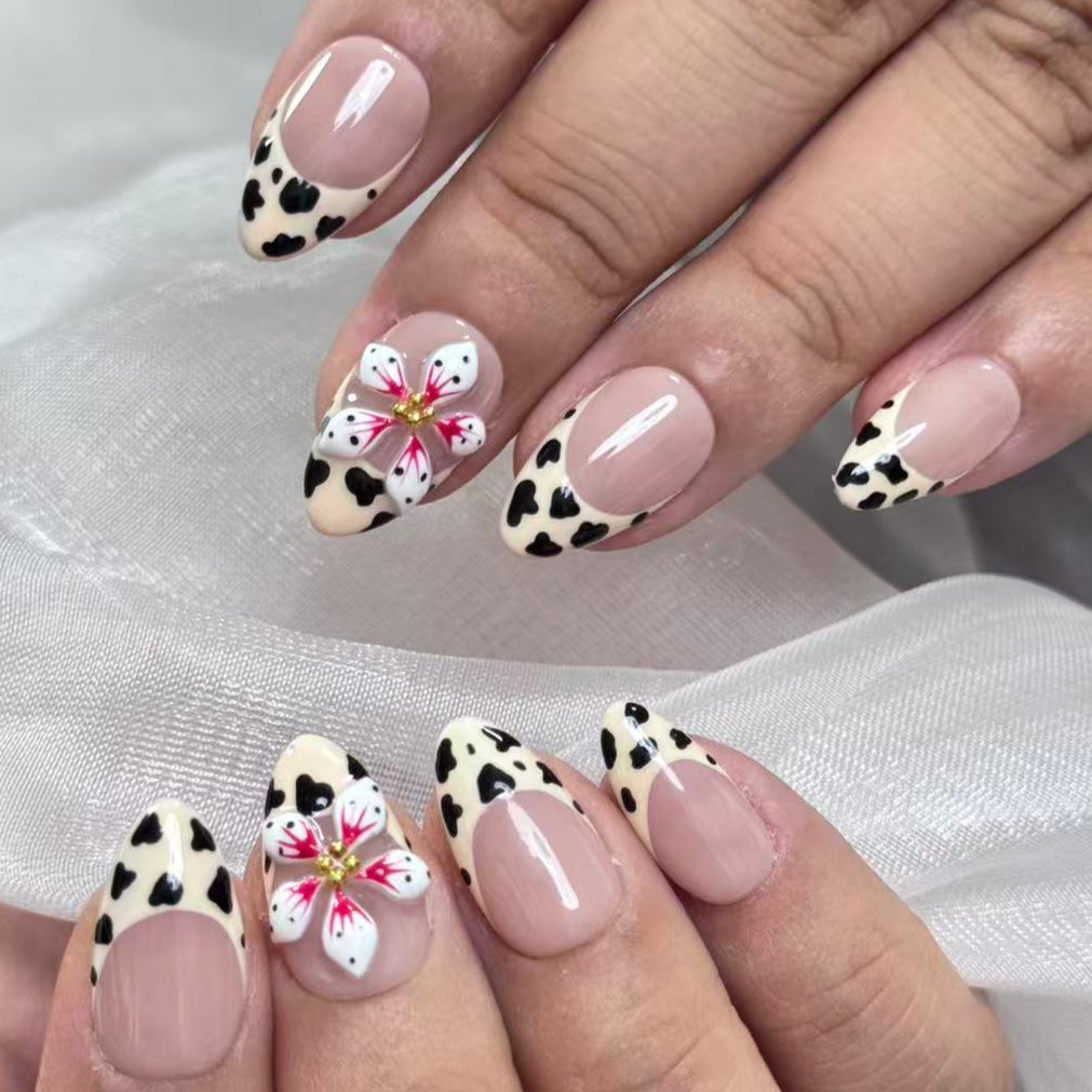Leopard French Tip Press On Nails with 3D Flowers and Nude Base Artificial reusable fake glue on faux manicure nails trendy art