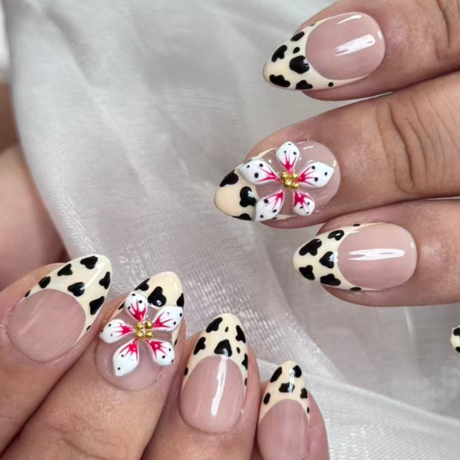 Leopard French Tip Press On Nails with 3D Flowers and Nude Base Artificial reusable fake glue on faux manicure nails trendy art