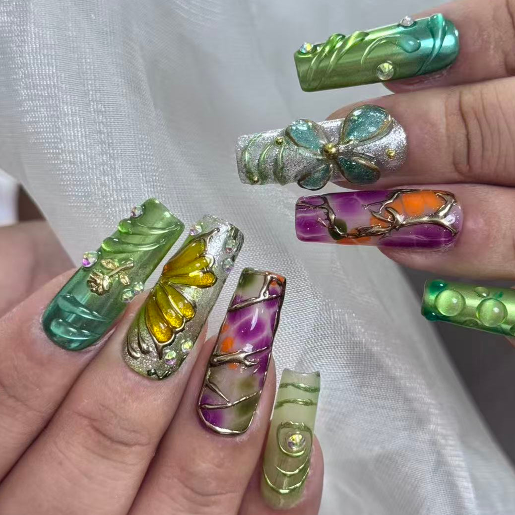 Bold Green & Floral Press On Nails – 3D Butterfly, Flowers & Abstract Art | Handmade Extra Long Luxury Reusable Festival Nail Set