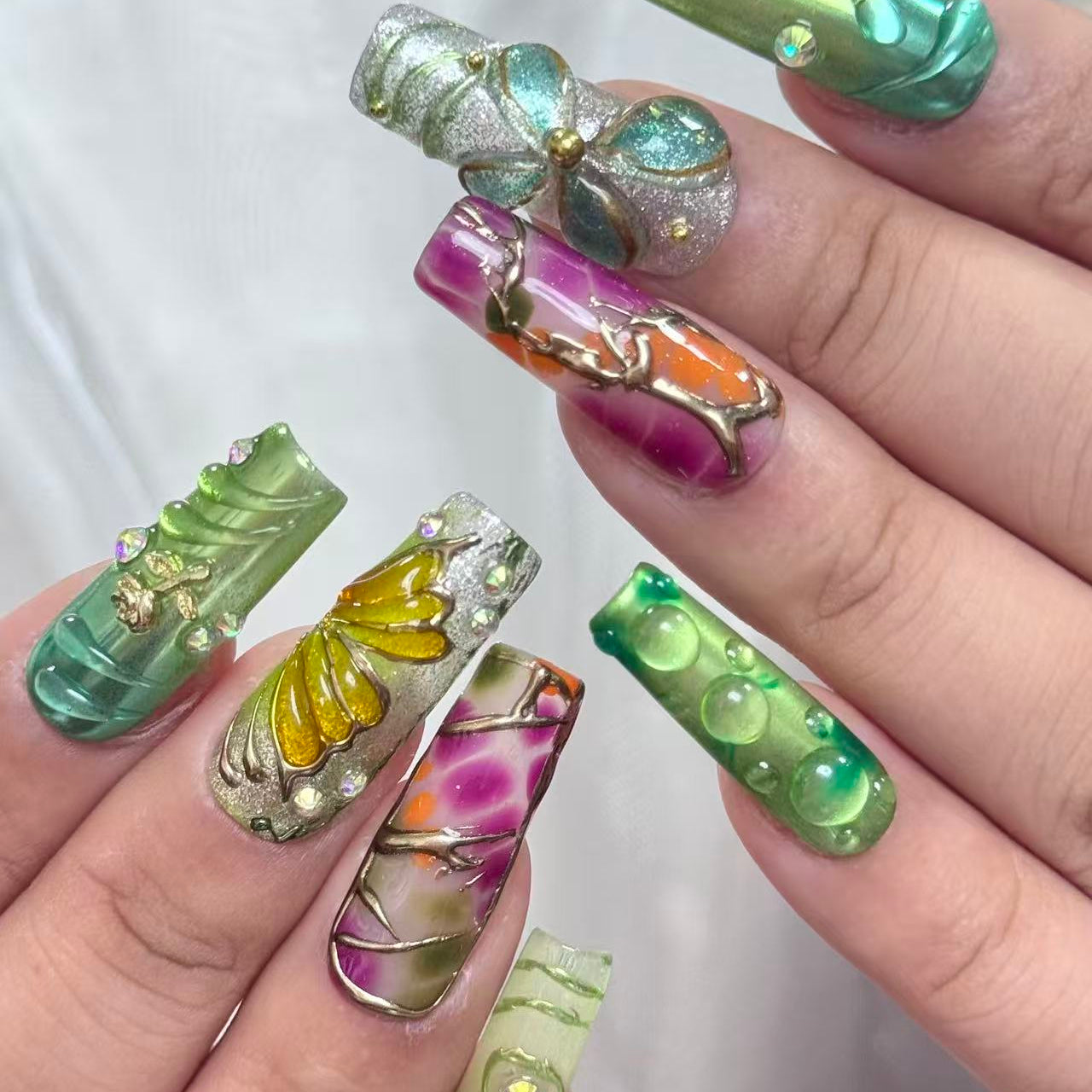 Bold Green & Floral Press On Nails – 3D Butterfly, Flowers & Abstract Art | Handmade Extra Long Luxury Reusable Festival Nail Set