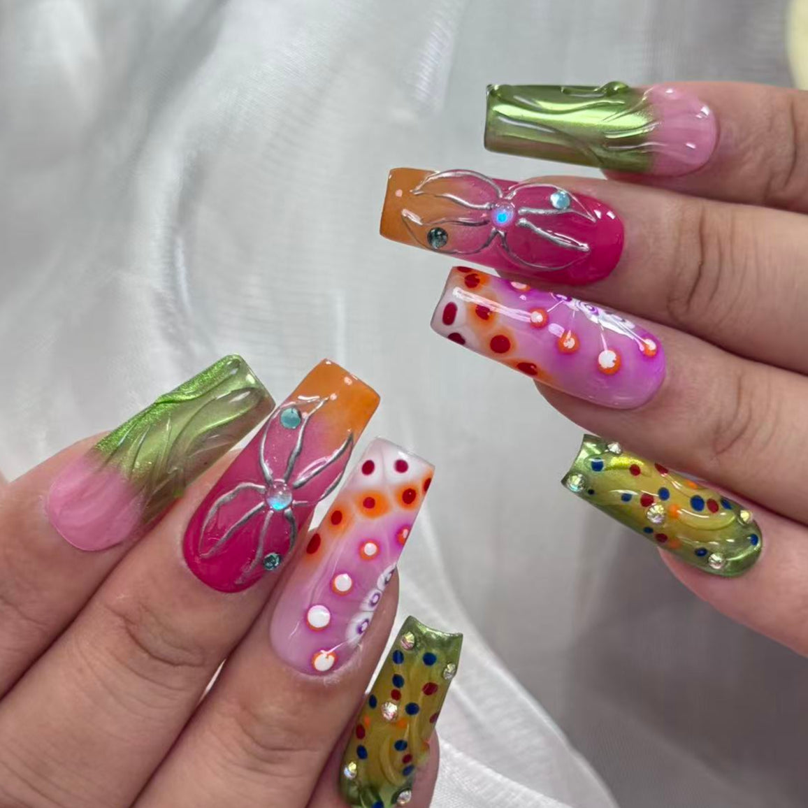 Handmade Neon Floral Press On Nails – Pink Orange Ombre with Rhinestones | Festival Party Nails | Colorful 3D Summer Coffin Set