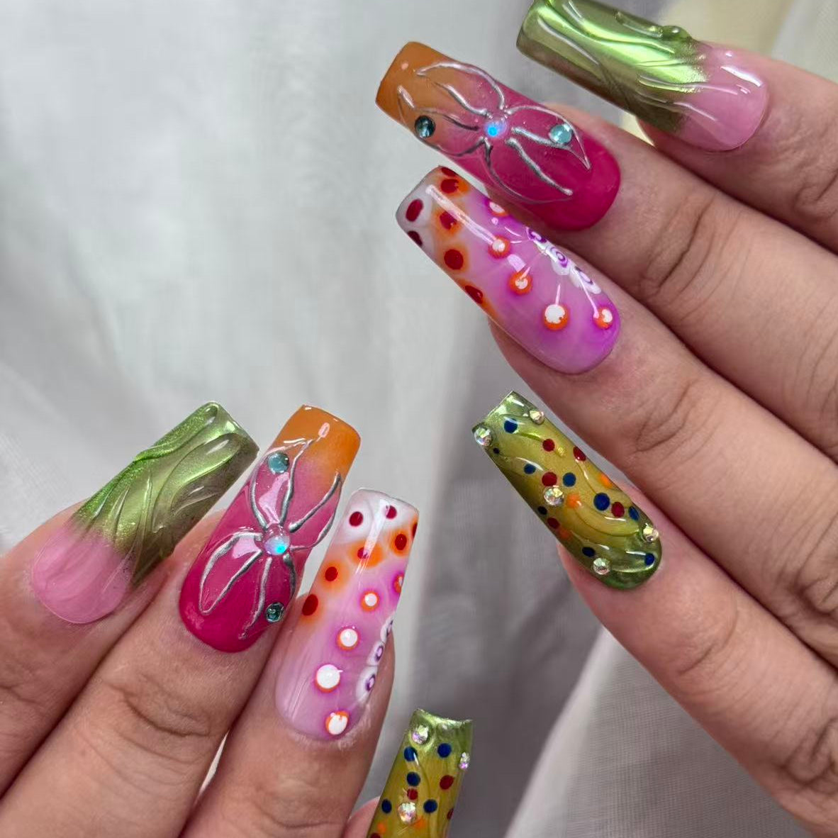 Handmade Neon Floral Press On Nails – Pink Orange Ombre with Rhinestones | Festival Party Nails | Colorful 3D Summer Coffin Set