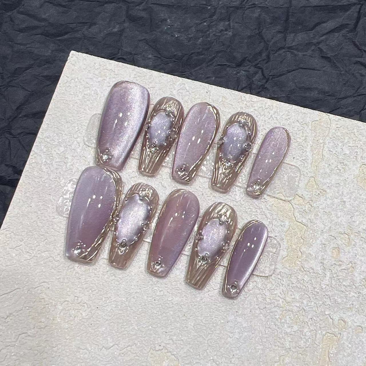 Purple Marble Press On Nails Glossy Handmade Swirl Nail Set Elegant Reusable False Nails