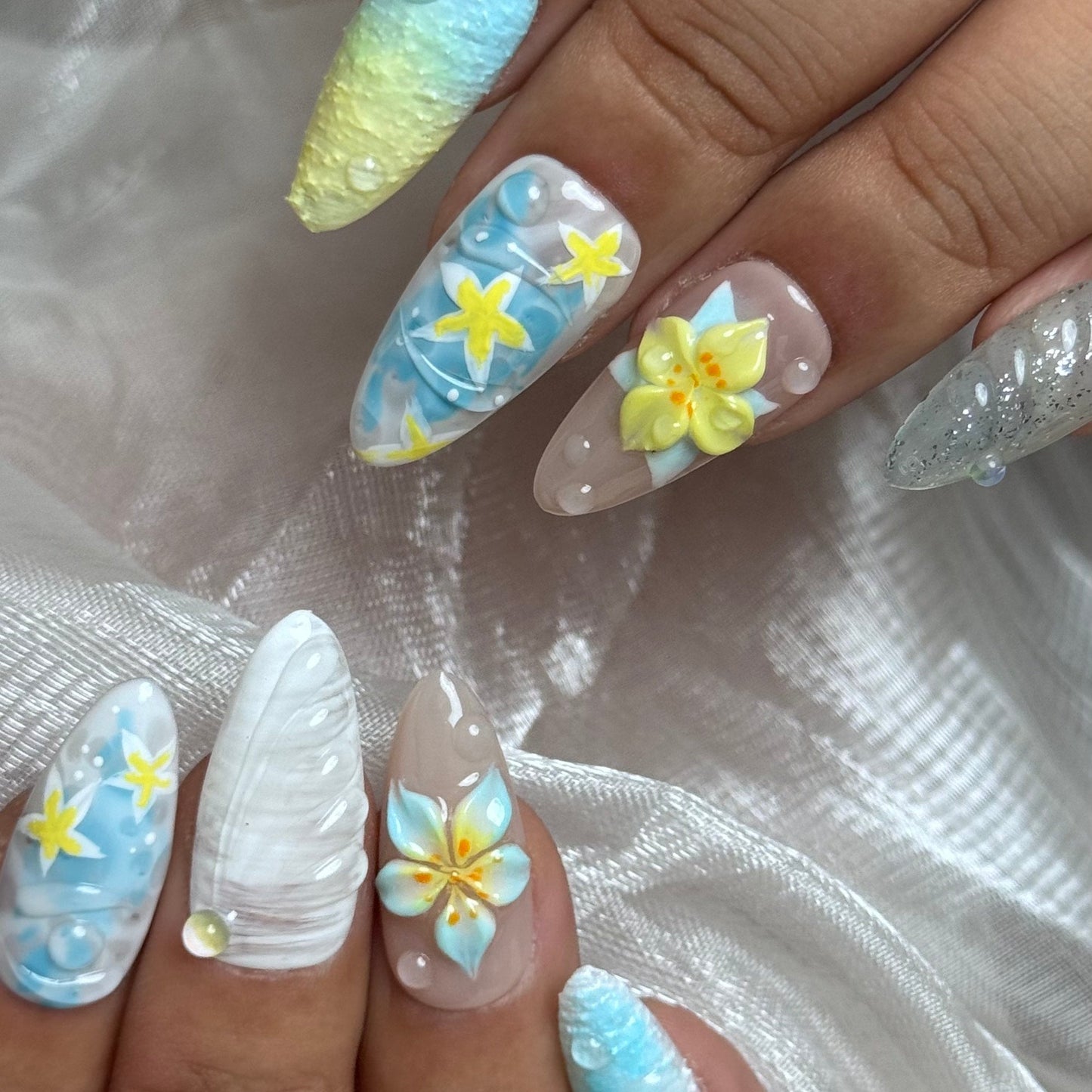 N003 Tropical Ocean Breeze Press On Nails with 3D Flowers and Sea-Inspired Designs – Beach Vacation Nail Set